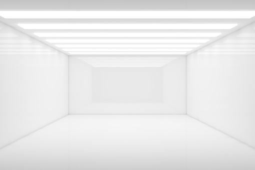 Empty 3d white room with stripes of ceiling lights