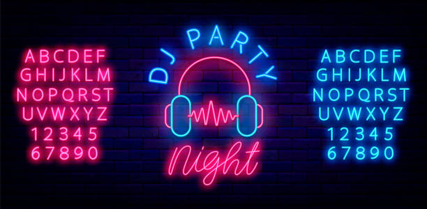 illustrazioni stock, clip art, cartoni animati e icone di tendenza di dj party notte neon signboard. cuffie con onde sonore. alfabeto rosa e blu incandescente. illustrazione vettoriale - disco lights