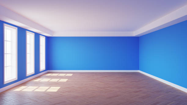 istock Interior of the Sunny Room with Blue Walls, Three Large Windows, White Ceiling Cornice 1421999405