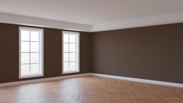 istock Beautiful Room with Brown Walls, White Ceiling and Cornice, Glossy Parquet 1421999415