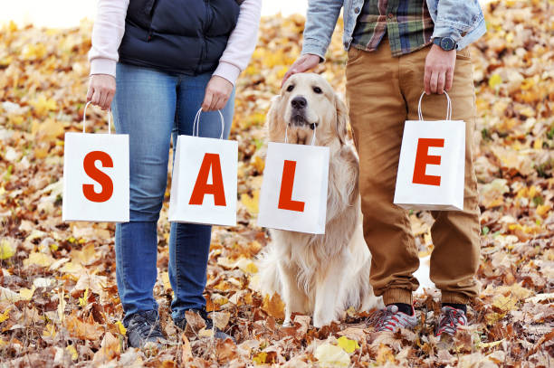 familie mit einem hund, der papiertüten mit sale auf ihnen hält - golden retriever dog autumn leaf stock-fotos und bilder