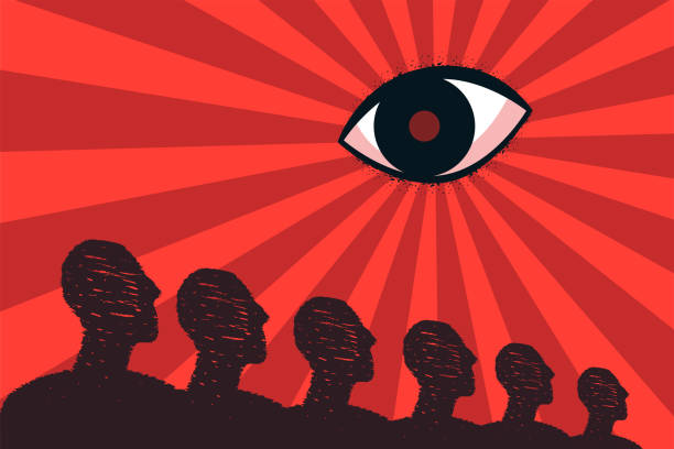 stockillustraties, clipart, cartoons en iconen met an eye looking at a stylized crowd, a symbol of control in a totalitarian state. unity of citizens, dependence on the authorities, pressure on the masses of people. - autoriteit