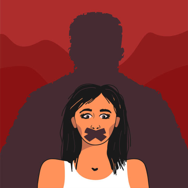 A frightened young woman with her mouth taped shut, behind her the silhouette of a man, a symbol of the trauma of sexual physical violence. vector art illustration