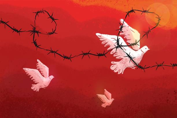 White pigeons on a red background surrounded by barbed wire, a symbol of the opposition to the dictatorship and restrictions on the freedom of dissidents. White pigeons on a red background surrounded by barbed wire, a symbol of the opposition to the dictatorship and restrictions on the freedom of dissidents. ideology stock illustrations