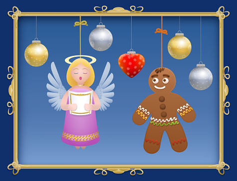 Gingerbread man in love with singing angel, hanging christmas balls and heart decoration, golden frame. Vector illustration.