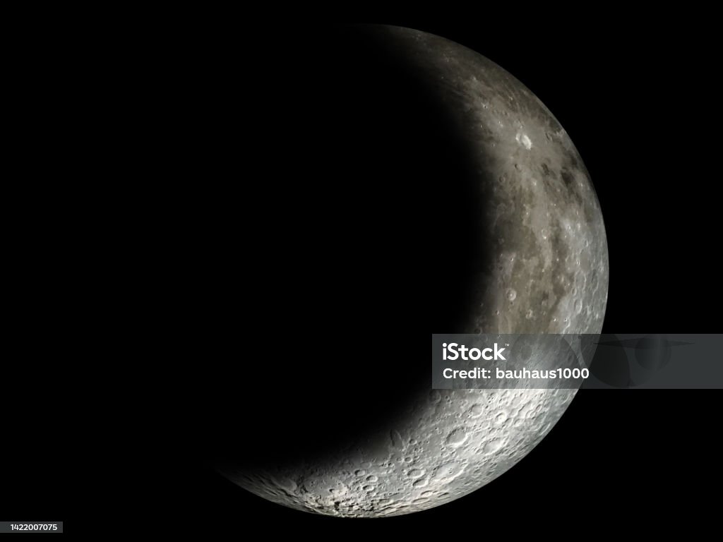 Waxing Crescent new moon Photo of the waxing crescent moon in high resolution with extreme level of detail and clearly visible craters on the surface and peaks on the grazing angle. Astrology Stock Photo
