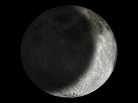 Photo of the waxing crescent moon in high resolution with extreme level of detail and clearly visible craters on the surface and peaks on the grazing angle.