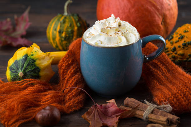istock Pumpkin spice latte with whipped cream. Copy space 1422008805