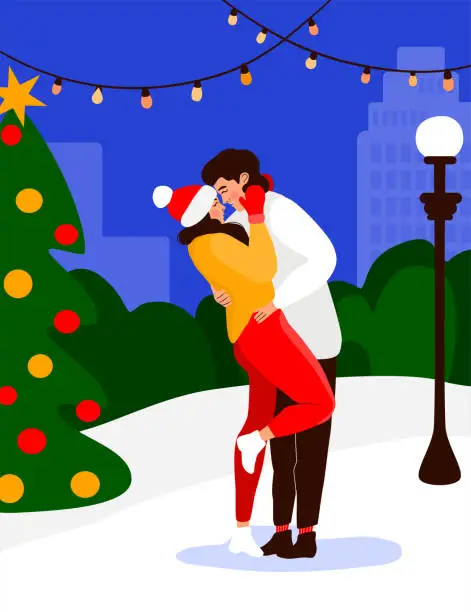 Vector illustration of Romantic couple hugging next to Christmas tree with abstract cityscape at background.