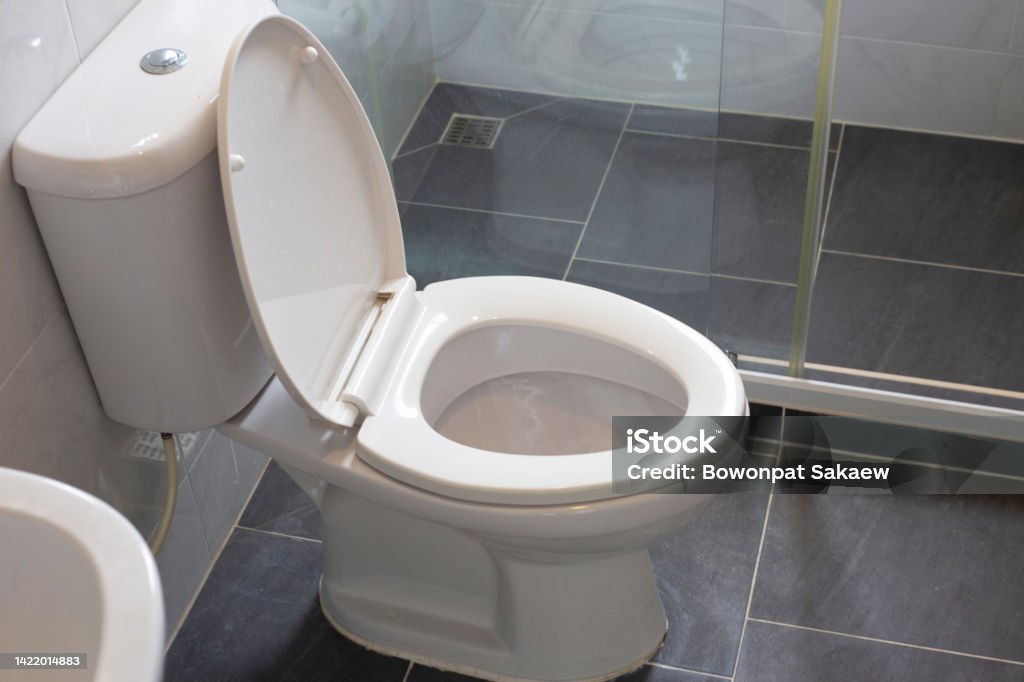 White toilet bowl on floor Toilet Stock Photo