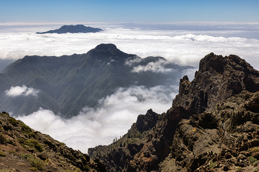 Aerial view at mountains and cloudscape from Roque de Los Muchachos, La Palma, Canary Islands,