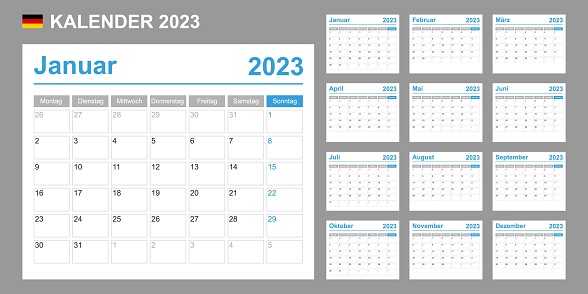 German calendar for 2023. Week starts on Monday. Simple vector template. Business design planner.