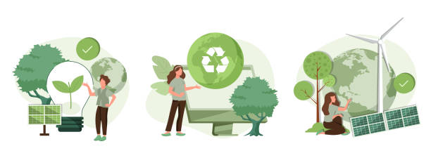 istock Sustainability illustration set. ESG, green energy, sustainable industry with windmills and solar energy panels. Environmental, Social, and Corporate Governance concept. Vector illustration. 1422021415