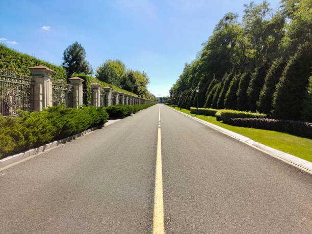 istock A long asphalt empty road in perspective between a decorated fence and a park with rows of trees 1422023138