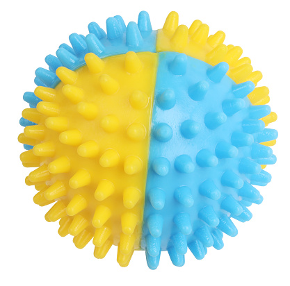This is a blue yellow spiny cat ball for chewing.