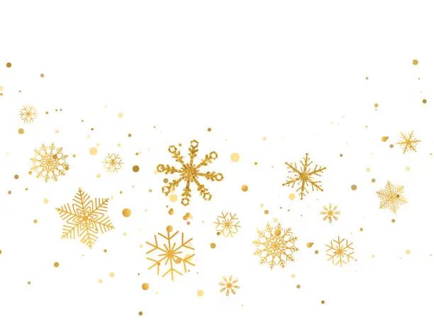 Vector illustration of Gold glitter snowflakes with different ornament. Golden snowflake falling wave. Luxury Christmas garland. Winter ornament for packaging, card, invitation. Celebration border. Vector illustration