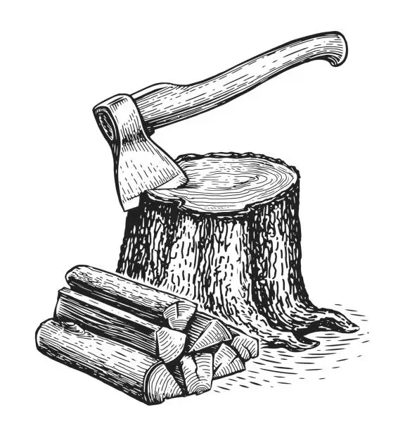 Vector illustration of Ax sticks out in tree stump and firewoods. Wooden logs and timber. Natural lumber, carpentry materials set. Woodworking