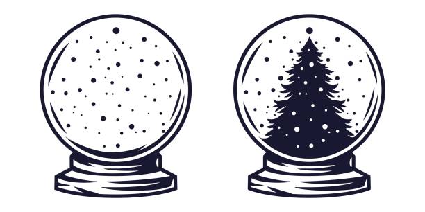 새해 파티를위한 크리스마스 스노우 볼의 요소 - snow globe dome glass transparent stock illustrations