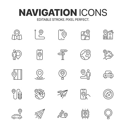 Editable stroke and pixel perfect Map icon set. Included the icons as pin, nearby, navigation, navigator, way, path, location and more symbol.