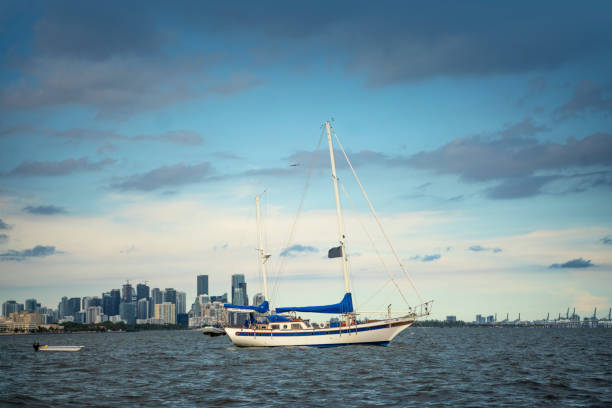 Sailboat moored on the Biscayne Bay - Brickell Key skyline