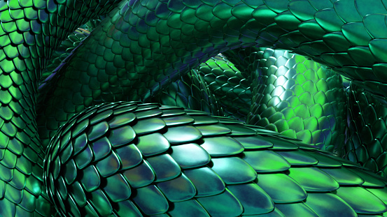 Serpientes enredadas con escamas metálicas verdes. Fondo de fantasía. Imagen renderizada 3D. photo