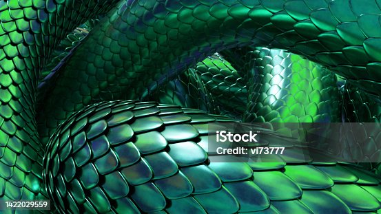 istock Tangled snakes with green metallic scales. Fantasy background. 3D rendered image. 1422029559
