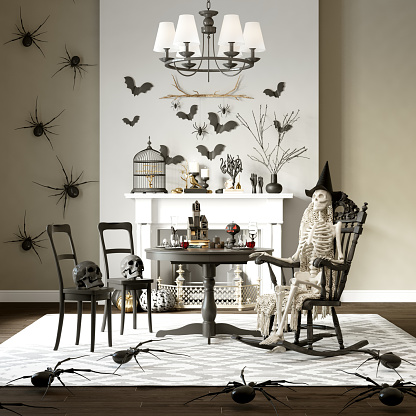 Modern Halloween living room interior. A skeleton in a witch's hat at the festive table. 3d rendering.