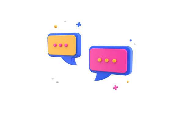 istock Bright chatting bubble icons with dots. Modern design, 3d rendering. Isolated on white background. 1422032153