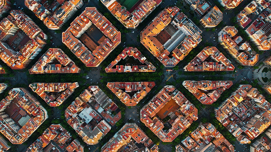 Barcelona aerial view of the residential Eixample district of Barcelona, Catalonia, Spain. Famous urban grid