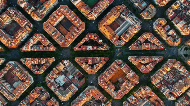 Photo of Barcelona aerial view of the residential Eixample district of Barcelona, Catalonia, Spain. Famous urban grid
