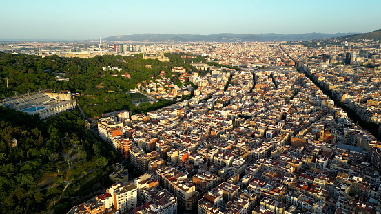 Aerial view of Barcelona City Skyline with Paral.lel and Poble Sec Neighborhood included in the district called Montjuic