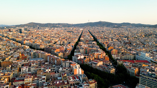 Aerial view of Barcelona City Skyline with Paral.lel and Poble Sec Neighborhood included in the district called Montjuic