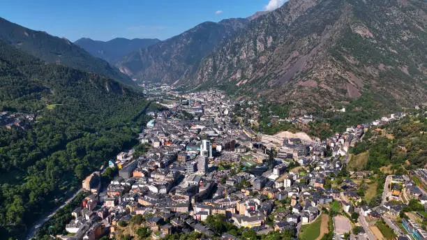 Andorra la Vella, City Center of the capital city of Andorra in between Pyrenees.