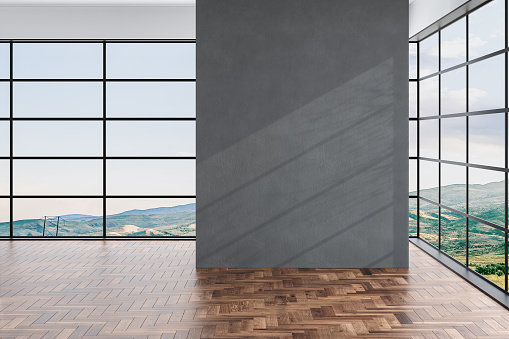 Modern Living Room Interior With Sofa, Coffee Table, Parquet Floor And Garden View From The Window