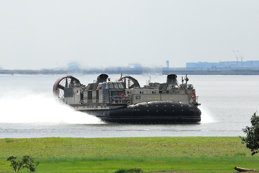 Chiba, Japan - August 31, 2008:United States Navy LCAC (Landing Craft Air Cushion) air-cushion vehicle conduct an amphibious landing exercise.