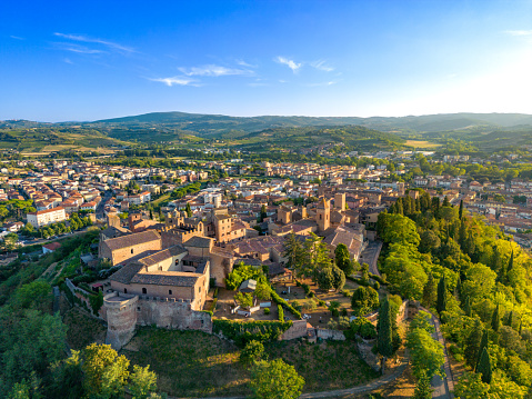 Drone view of Certaldo, Tuscan medieval town in Italy at sunset