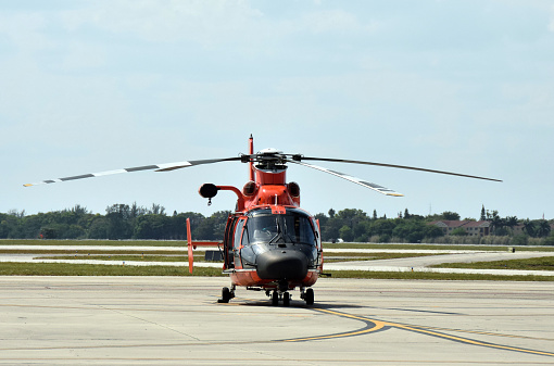 US Coast Guard helicopter resting between missions front view