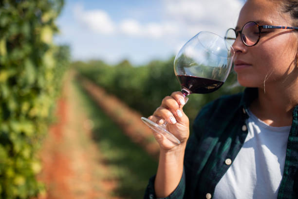 istock A woman stands in a vineyard and drinks wine 1422056438