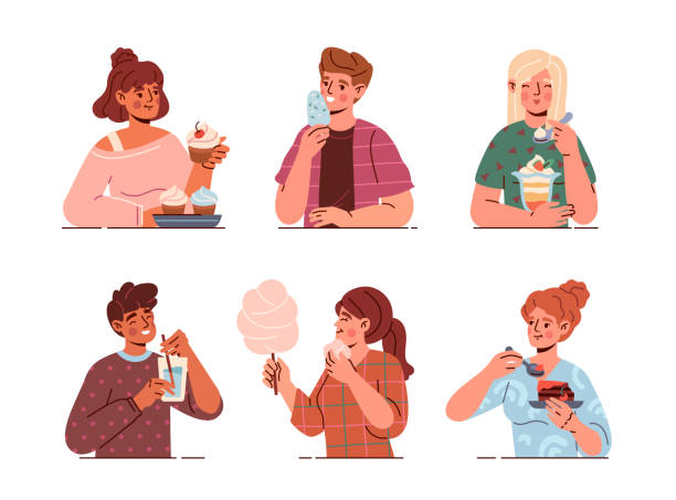 Set of People eating desserts Set of People eating desserts. Young men and women with delicious sugar cupcakes, cake, ice cream and cotton candy. Unhealthy food. Cartoon flat vector collection isolated on white background hedgehog mushroom stock illustrations