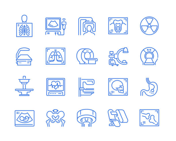 satz einfacher linearer symbole medizinischer geräte - diagnosehilfe stock-grafiken, -clipart, -cartoons und -symbole