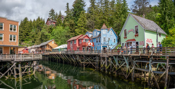 Famous Creek Street in Ketchikan, Alaska Ketchikan, Alaska - July 29, 2022: Famous Creek Street national historic site in the heart of Kethickan. alaska gold rush stock pictures, royalty-free photos & images