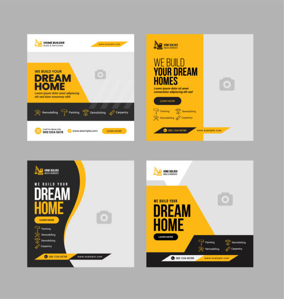 Construction business social media post and web banner template for digital marketing.  Home repair ad design layout Construction business social media post and web banner template for digital marketing.  Home repair ad design layout wooden post stock illustrations