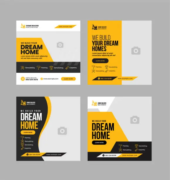 Vector illustration of Construction business social media post and web banner template for digital marketing.  Home repair ad design layout