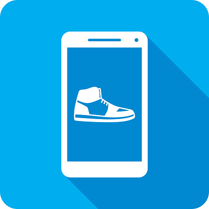 Vector illustration of a smartphone with sneaker icon against a blue background in flat style.