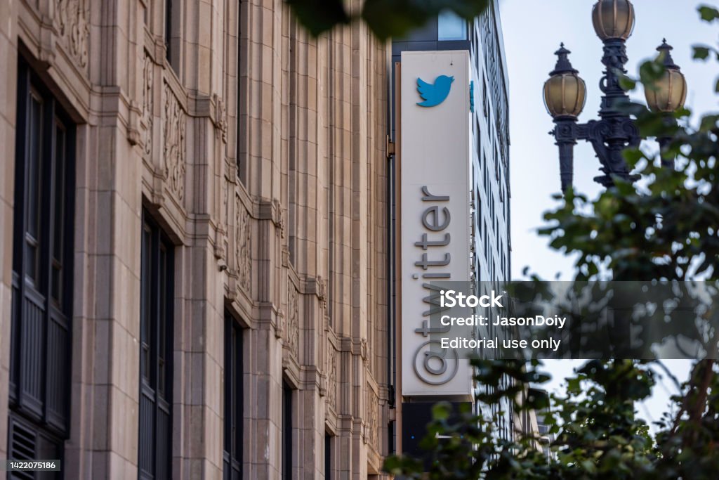 Twitter San Francisco Market Street San Francisco, United States - September 8, 2022: Twitter headquarters, located at 1355 Market St, Suite 900 in San Francisco. The company is currently suing Elon Musk attempting to uphold his pledge to purchase the company. Trial is set to begin in October. Brand Name Online Messaging Platform Stock Photo