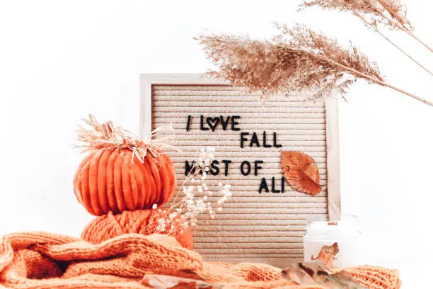 Autumn inscription on letter board. Ilove fall most of all. Hygge, autumn cozy mood, comfort concept.