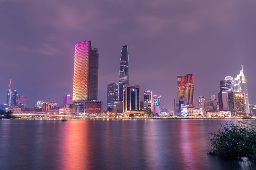 Yokohama, Japan - August 10, 2019: Yokohama Minato Mirai 21 area after sunset. The sky has blue to purple gradation.