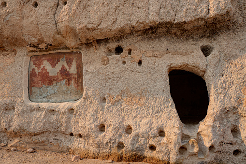 Los Alamos, New Mexico, USA - April 30, 2022:      Petroglyph in Cliff Dwellings, Bandelier National Monument.