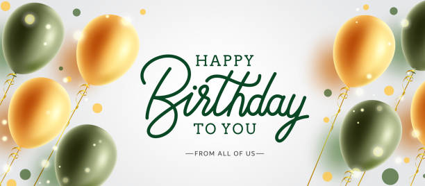 дизайн векторного фона на день рождения. текст с днем рождения с золотыми и зелеными летающими воздушными шарами элемент вечеринки для соо� - день рождения stock illustrations