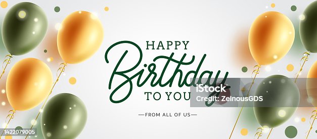 istock Birthday vector background design. Happy birthday text with gold and green flying balloons party element for birth day celebration messages. 1422079005